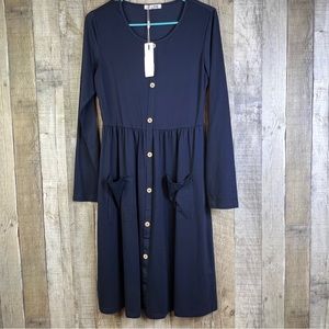 Slig Navy Blue Medium Scoopneck Faux Button Front Pullover Dress with 2 Pockets